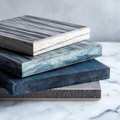 Stacked, square, wood-like panels in varying shades of blue, gray, and beige