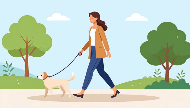 Woman walking dog in park illustration
