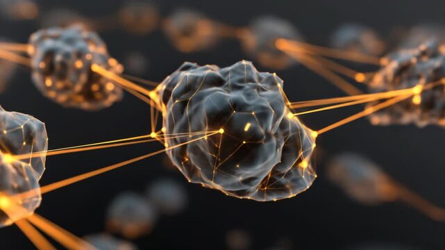 Abstract 3D rendering showcasing interconnected dark, textured forms linked by glowing orange lines, on a gradient background