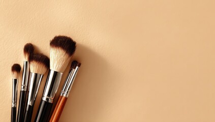 Makeup brushes arranged on a light beige surface.  Several makeup brushes of varying sizes and types, with brown and black handles, are positioned in a cluster against a backdrop of a smooth, 
