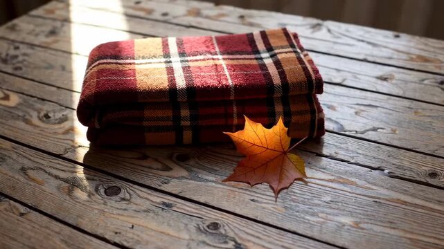 Warm sunlight illuminates autumn leaf on plaid blanket across wooden table