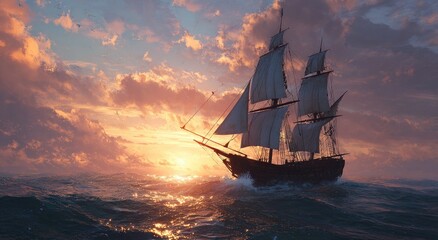 Obraz premium A majestic sailing ship cuts through a sunset sea