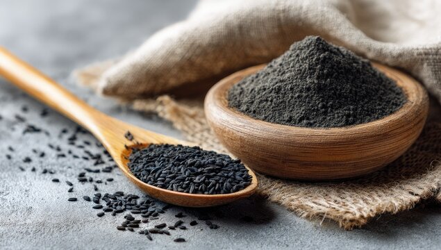Dark seeds and powder on a textured surface