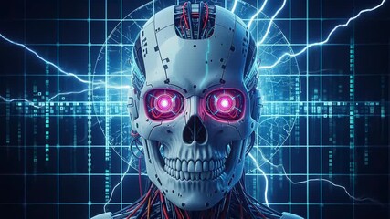 Futuristic Mechanical Skull with Glowing Red Eyes and Electric Sparks In a Digital Environment - Powered by Adobe