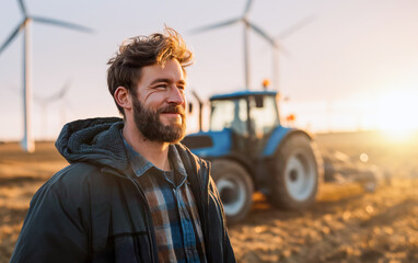 Caucasian ethnicity adult male farmer on field with farm tractor and wind energy turbines in background