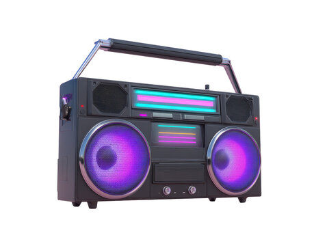 Retro boombox music speaker audio portable stereo cassette radio vintage colorful illuminated purple blue technology sound entertainment classic electronic device nostalgia 1980s 1990s party dance