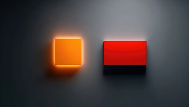 A minimalist, geometric, 3D design featuring a glowing orange square and a red rectangle against a dark gray backdrop