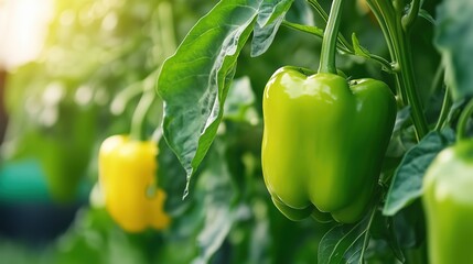 Fresh bell peppers growing on the vine in a sunny garden during summer months