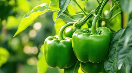 Green bell peppers growing on a vibrant plant in a sunny garden during the summer harvest season