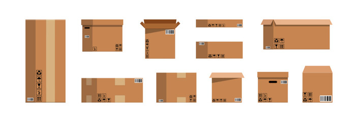 Cardboard box set with delivery symbols pattern. Shipping container for packaging and freight transportation. Flat style vector illustration collection for logistic company.