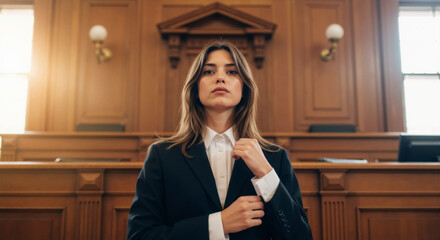 Confident young female lawyer in a suit standing in a courtroom. Professional woman attorney preparing for a legal trial.
