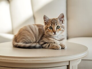Cute tabby kitten is sitting on the table in a bright living room setting
