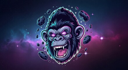 Cartoon Gorilla in Space with Glowing Eyes and Asteroids