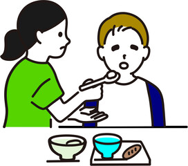 vector, Woman feeding child with spoon in kitchen setting  