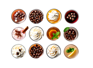 A set of bar menu cocktails in transparent PNG, showcasing whipped cream and coffee beans, viewed from above, isolated on a white background.