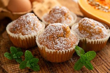 Pumpkin Muffins. A traditional fall recipe with fresh pumpkin, eggs, and flour.