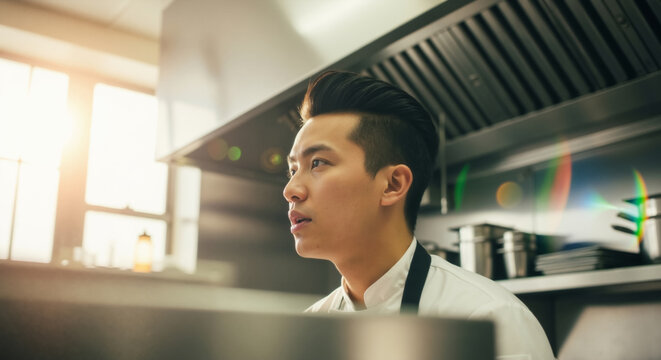 Portrait of a young Asian chef in a professional kitchen. Male cook in uniform concentrating in a commercial restaurant setting. - Powered by Adobe