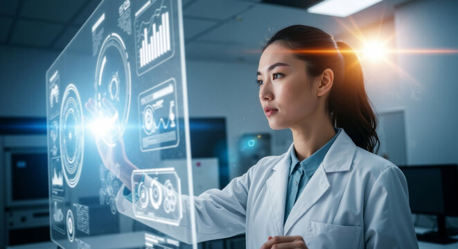 Woman interacting with a futuristic holographic touch screen interface. Asian scientist or engineer working with virtual data in a modern lab. - Powered by Adobe