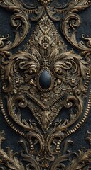 Ornate gold-toned embellishments on a dark background, featuring intricate, detailed patterns and a central, dark gemstone