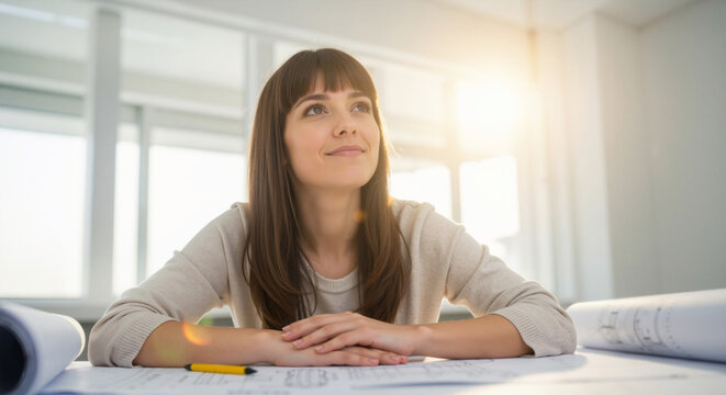 Female architect smiling thoughtfully at her desk with blueprints. Young professional designer planning a project in a sunlit office.
