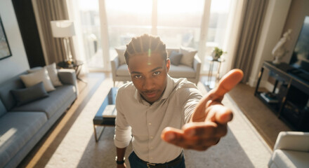 Young black man reaching a hand out to the camera in a modern living room. Personal perspective of an invitation or offer of help.