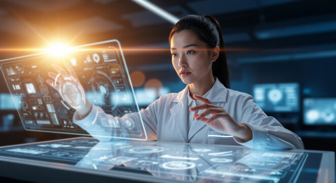 Asian scientist interacting with a futuristic holographic touch screen. Female engineer working with a virtual data interface in a high-tech laboratory.