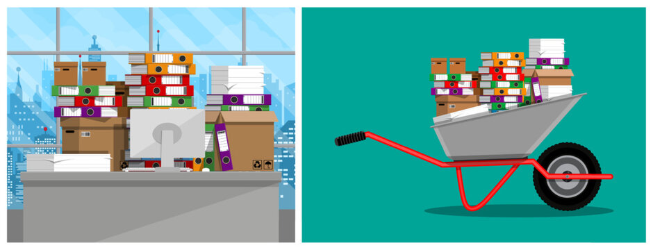 Overworked office desk with stack of document folders, boxes paper files. Bureaucracy, paper work chaos concept.