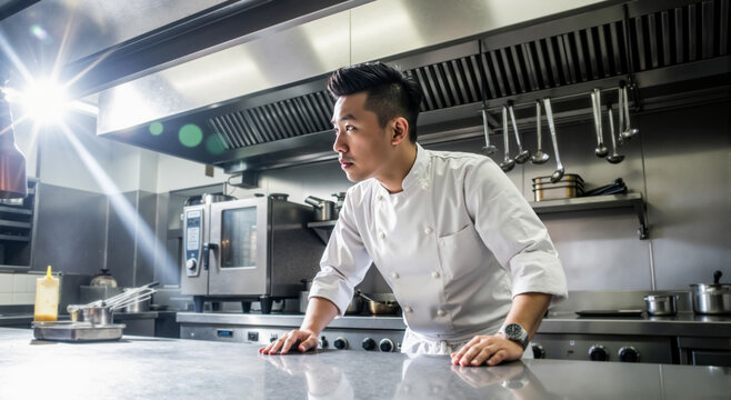 Professional Asian chef in a commercial kitchen. Serious young cook in uniform standing at a stainless steel counter.