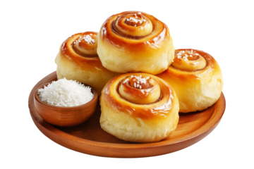 Panipopo sweet rolls baked in coconut milk with golden crust on wooden plate isolated on white transparent background, concept of bakery and food freshness