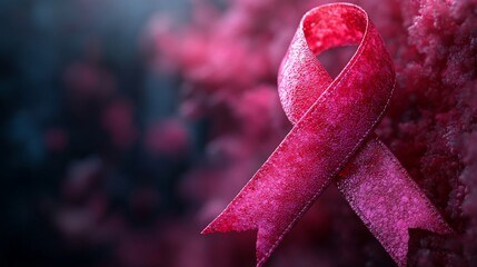 Close-up of a textured, pink ribbon with a blurred, cloud-like background, symbolizing support and awareness