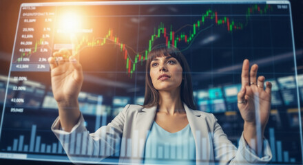 Businesswoman analyzing a stock market chart on a futuristic transparent touch screen. Professional financial analyst interacting with a virtual data interface.