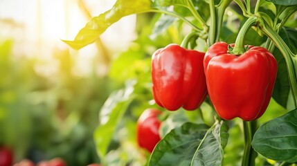 Vibrant red bell peppers growing on lush green plants in a sunny greenhouse setting