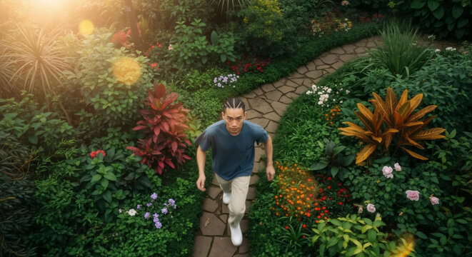 High angle view of a young man walking on a path through a lush garden. Man looking up at the camera while exploring a botanical park. - Powered by Adobe