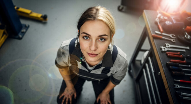 High angle portrait of a smiling female mechanic in a garage. Young auto technician kneeling next to her tools in a workshop. - Powered by Adobe
