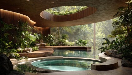Lush indoor-outdoor spa with wooden accents