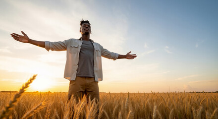 Man with arms outstretched in a wheat field at sunset. Young black man feeling free and grateful in nature.