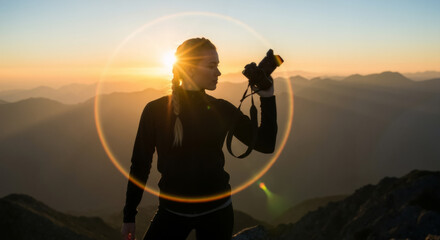 Silhouette of a female photographer with a camera on a mountain top at sunrise. Woman capturing the landscape during a golden hour adventure.