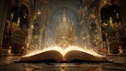 Open book, golden light, cathedral interior