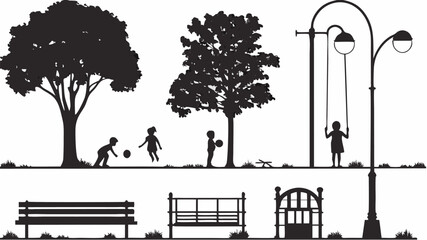 Silhouette illustration of children playing in a park with trees benches and a swing set in black and white