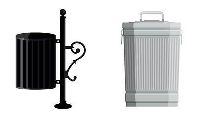 Two different models of public trash can. Street garbage bin and metal dustbin for waste collection. Litter container in flat style illustration.