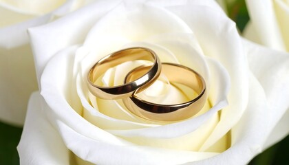 Wedding rings nestled in white rose closeup