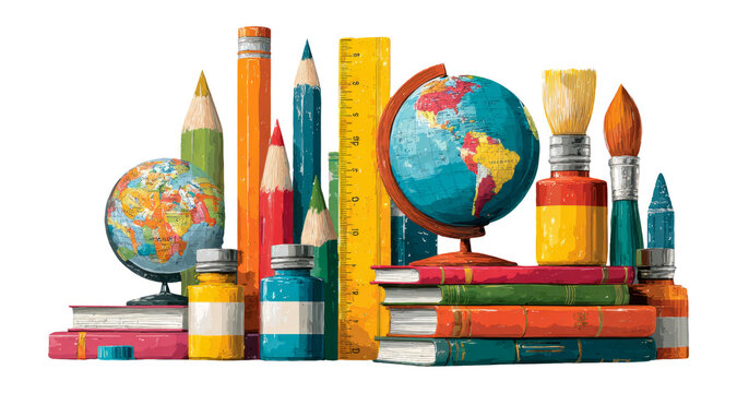 Colorful School Supplies and Tools with Globe on Transparent Background