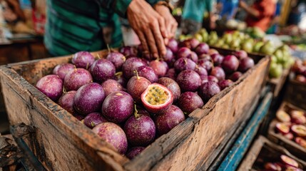 A vendor arranging passionfruit in a rustic wooden crate rich purple hues clearly captured while the crowded market environment remains out of focus.