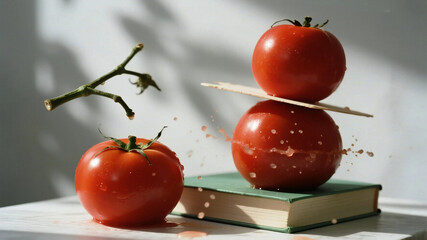Fresh tomatoes creatively stacked with juice splashing are perfect for healthy eating campaigns or recipe promotions, offering vibrant color and a natural aesthetic appeal