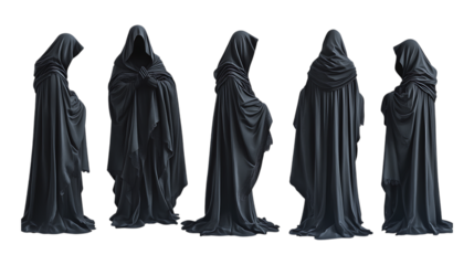 Five Black Hooded Figures Mysterious Statues in Gothic Style