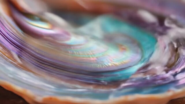 Dynamic Macro Journey Across a Wet Iridescent Abalone Shell's Shimmering Nacre Surface