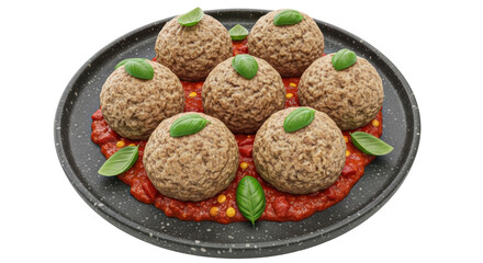 Isolated Plate of Meatballs with Tomato Sauce and Basil