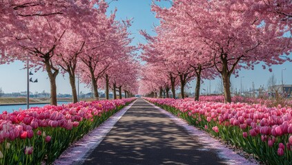 A vibrant avenue lined with blossoming cherry trees and pink tulips