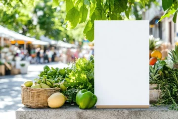 Blank sign in outdoor market with fresh vegetables and fruits displayed © dashtik