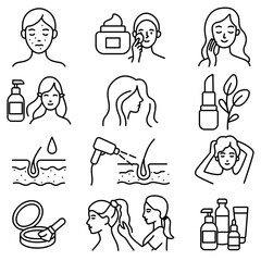 Flat vector set of line icons for skincare, cosmetology and hair care. Minimal outline illustrations of beauty treatment, cosmetic products, facial care and dermatology